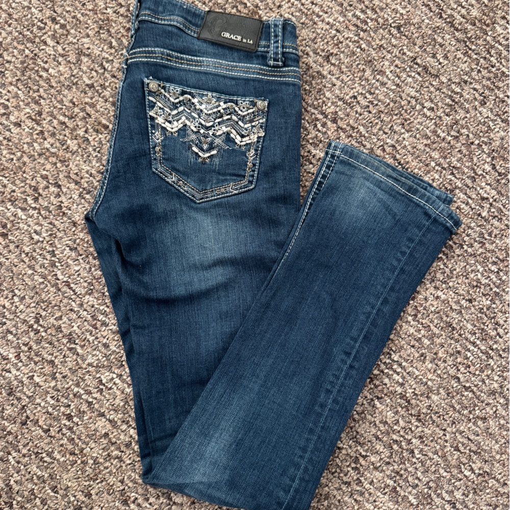 Grace Women's Blue Boot Cut Jeans with Embellished Pocket